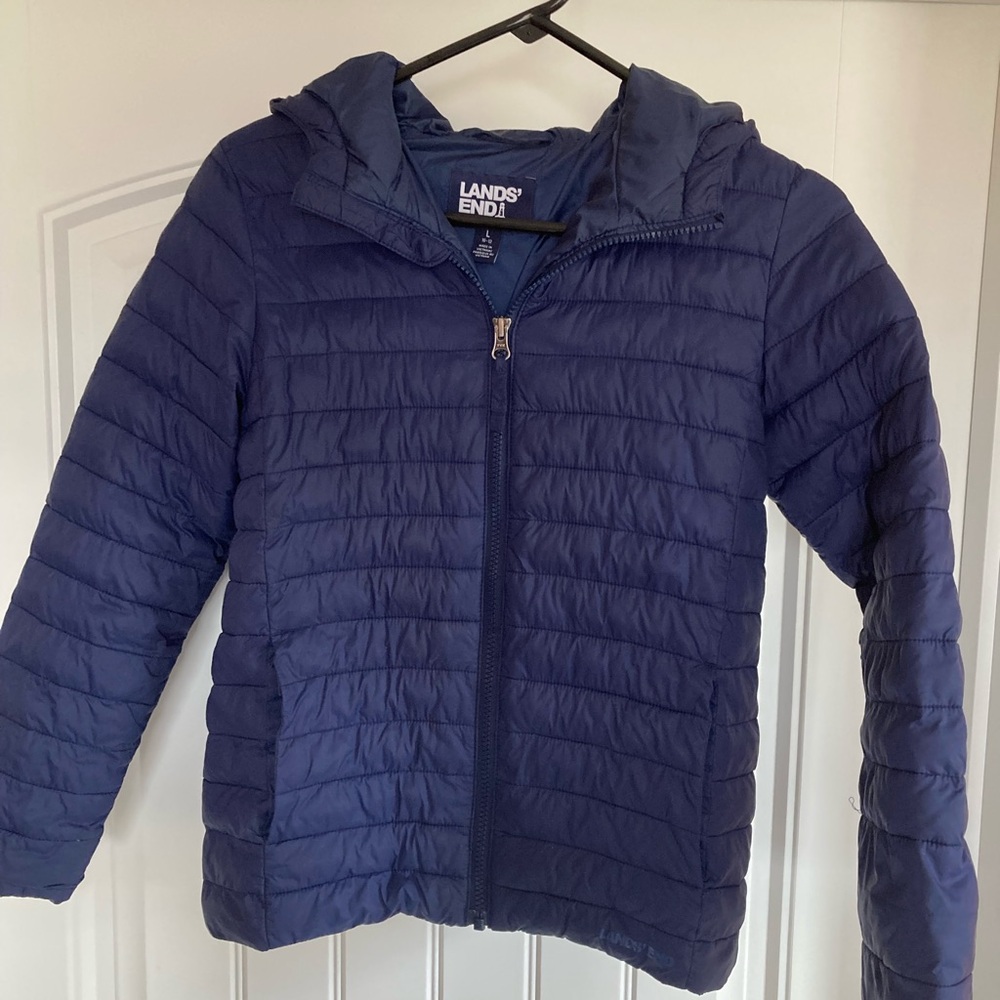 Lands' End Navy Blue Puffer Jacket with Quilted Design